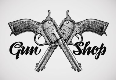 Hand drawn vintage guns. Crossed pistols. Vector illustration clipart