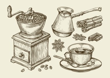 El çekilmiş kahve değirmeni, Kupası, fasulye, yıldız anason, tarçın, çikolata, cezve, içki. Sketch vektör çizim