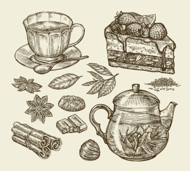 Çay, tatlı, yemek. El çizilmiş pasta, mantı, çocuk oyuncağı, bardak, çaydanlık, anason, tarçın, çikolata tatlılar. Sketch vektör çizim