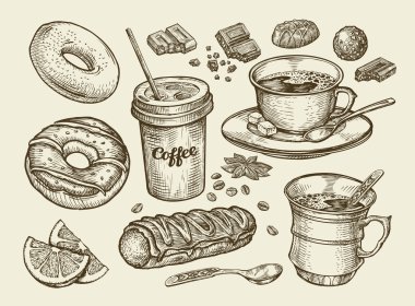 Drinks and food. Hand drawn coffee, tea, cup, dessert, candy, chocolate, eclair, cake, doughnut, donut. Sketch vector illustration clipart