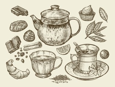 Drinks and food. Hand drawn tea, coffee, teapot, cup, chocolate, candy, croissant, dessert. Sketch vector illustration clipart