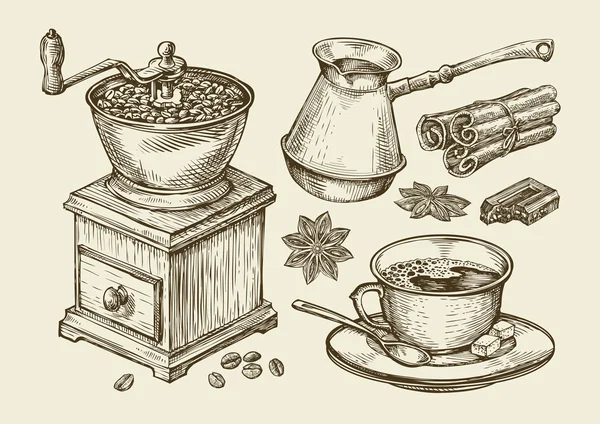 Macinino da caffè disegnato a mano, tazza, fagioli, anice stellato, cannella, cioccolato, cezve, bevanda. Illustrazione del vettore schizzo — Vettoriale Stock