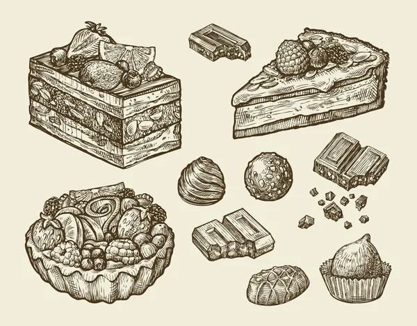 Dessert, Essen. Kuchen, Gebäck, Schokolade, Kuchen, Kuchen, Süßigkeiten, süß. Skizze Vektor Illustration — Stockvektor