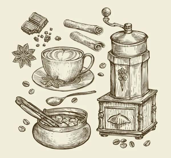 Macinino da caffè vintage disegnato a mano, tazza, fagioli, anice stellato, cannella, cioccolato, bevanda, zuccheriera. Illustrazione del vettore schizzo — Vettoriale Stock