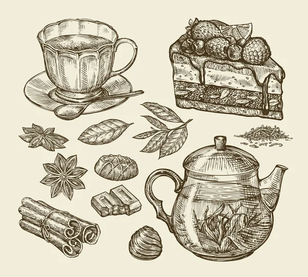 Čaj, dezert, potraviny. Ručně tažené koláč, pastovitá, hračka, pohár, konvice, anýz, skořice, čokoládové sladkosti. Skica vektorové ilustrace — Stockový vektor
