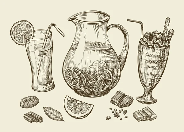 Drinks. Hand drawn cocktail, smoothie, pitcher of lemonade, milkshakes, fruit juice, chocolate, dessert, beverage. Sketch vector illustration — Stock Vector