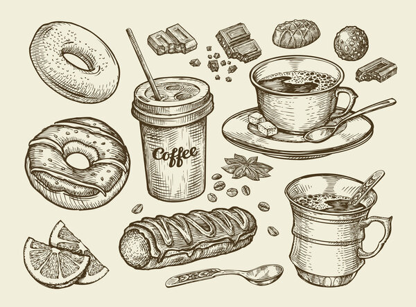 Drinks and food. Hand drawn coffee, tea, cup, dessert, candy, chocolate, eclair, cake, doughnut, donut. Sketch vector illustration