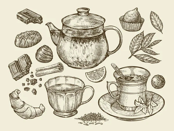 Getränke und Essen. Handgezogener Tee, Kaffee, Teekanne, Tasse, Schokolade, Süßigkeiten, Croissant, Dessert. Skizze Vektor Illustration — Stockvektor