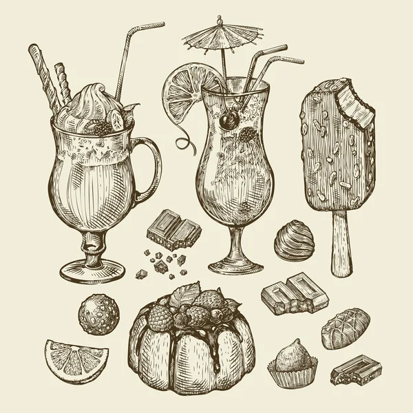 Nourriture et boissons. Cocktail dessiné à la main, smoothie, tarte, pâté, gâteau, lolly glacé, sundae, milkshakes, chocolats, dessert. Illustration vectorielle de croquis — Image vectorielle