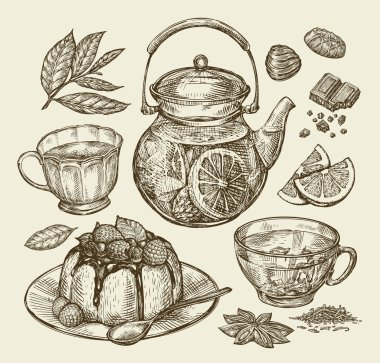 Yemek, tatlı, içecekler. Elle çizilmiş çaydanlık, çay, kahve, fincan, börek, mantı, kek. Sketch vektör çizim
