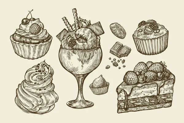 Voedsel, dessert. Hand getekende ijs, meringue, cupcake, chocolade, stuk van cake, gebak, snoep, muffin. Schets vectorillustratie — Stockvector