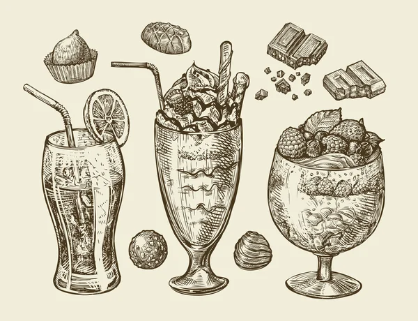 Nourriture, dessert, boissons. Soda dessiné à la main, limonade, cocktail, smoothie, milkshake, boisson mélangée, crème glacée, sundae, verre, bonbons, chocolat. Illustration vectorielle de croquis — Image vectorielle