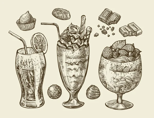 Essen, Dessert, Getränke. handgezogene Limonade, Cocktail, Smoothie, Milchshake, Mixgetränk, Eis, Eisbecher, Glas, Süßigkeiten, Schokolade. Skizze Vektor Illustration — Stockvektor