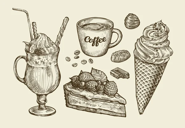 Jedzenie, deser, napoje. Ręcznie rysowane lody, lody, filiżanka kawa, herbata, ciasto, ciasto, czekolada, cukierki, koktajl, smoothie, milkshake. Szkic wektor ilustracja — Wektor stockowy