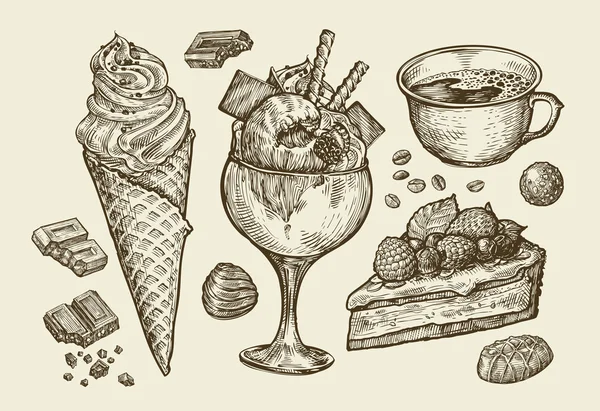 Nourriture, dessert, boisson. Glace dessinée à la main, sundae, tasse de café, thé, gâteau, tarte, chocolat, bonbons. Illustration vectorielle de croquis — Image vectorielle