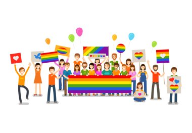Gay parade. People with placards. Sexual revolution or free love. Holiday, celebration, festivity vector illustration clipart