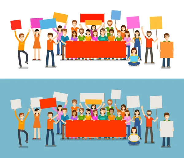 Pessoas com cartazes em demonstração. Férias, celebração, ilustração vetor de festividade —  Vetores de Stock