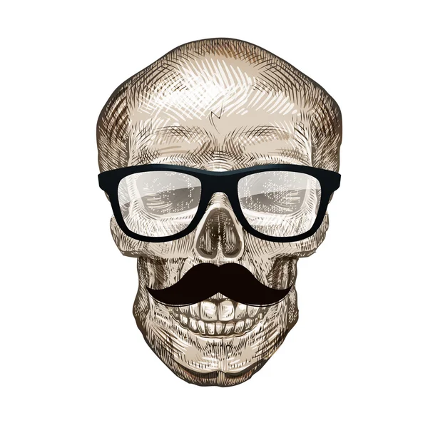 Calavera Hipster con gafas de sol y bigote. Ilustración vectorial — Vector de stock