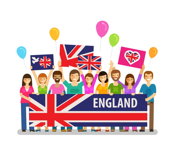 Inglaterra. Gente feliz con pancartas en el festival de la ciudad. Ilustración vectorial — Vector de stock