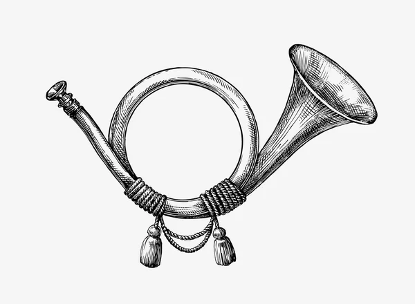 Handritad Vintage jakthorn. Skiss post horn. Vektor illustration — Stock vektor
