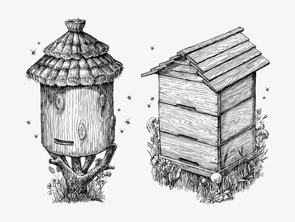 Wooden hives. Hand drawn sketch beekeeping, honey, bees. Vector illustration — Stock Vector