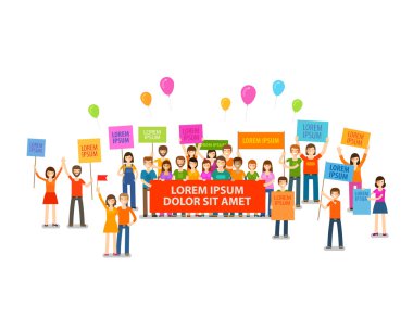 Tatil ya da gösteri, miting. Pankartlı bir kalabalık. Vektör çizimi