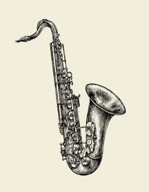 Caz müziği. El çizilmiş saksafon, müzik aleti. Vektör çizimi