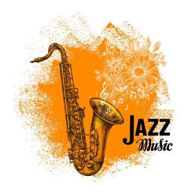 Caz müziği. Müzik notaları ile klasik saksafon. Vektör çizimi