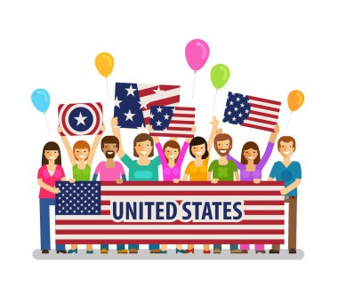 Abd, Amerika Birleşik Devletleri. Şehir festivalinde pankartlar taşıyan mutlu bir kalabalık. Vektör çizimi