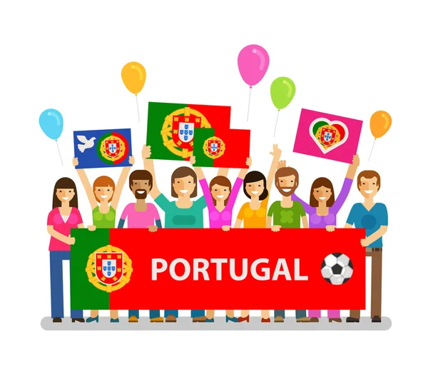 Piłka nożna, Mistrzostwa, ikona sportu. Fani Portugalii na podium z plakatami. Ilustracja wektorowa — Wektor stockowy