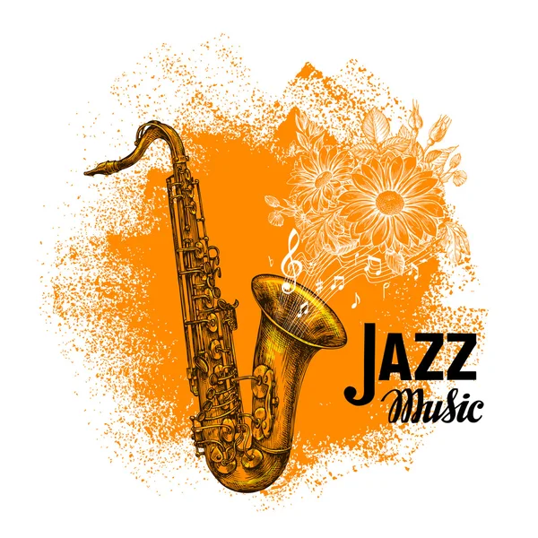 Musica jazz. Sassofono classico con note musicali. Illustrazione vettoriale — Vettoriale Stock