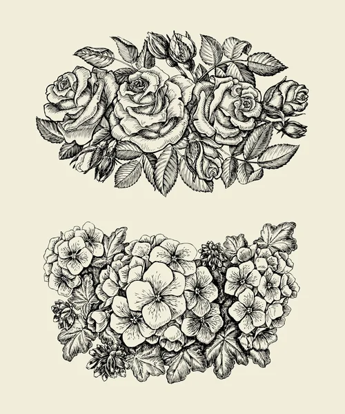 Des fleurs. Croquis dessiné à la main fleur, roses, géranium, motif floral. Illustration vectorielle — Image vectorielle