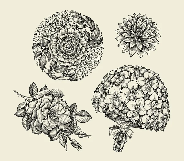 Blommor. Hand ritad skiss blomma, ros, pion, lotus, orkidé, bukett. Vektor illustration — Stock vektor