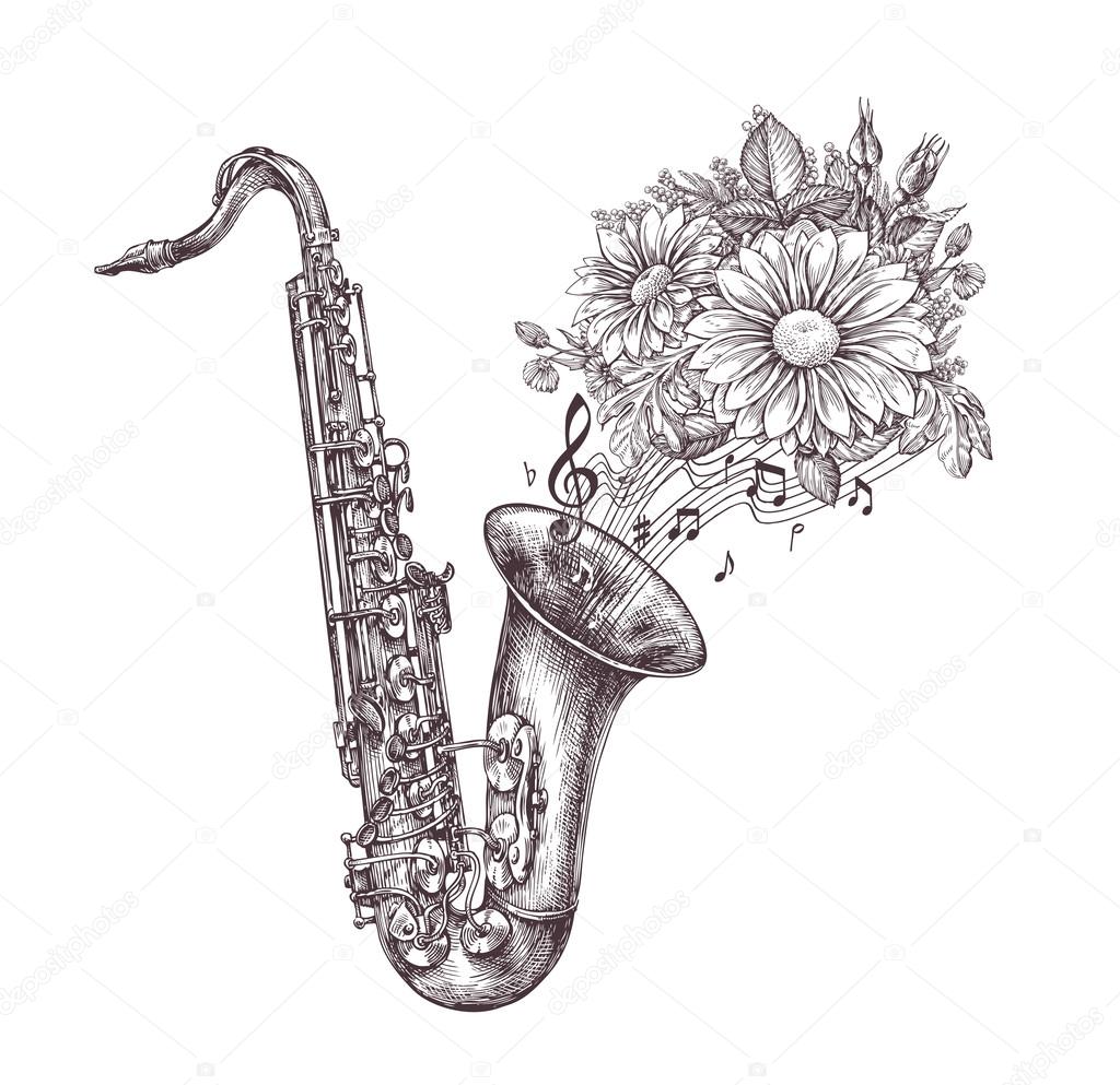 Jazz music. Hand-drawn sketch a saxophone, sax and flowers. Vector illustration