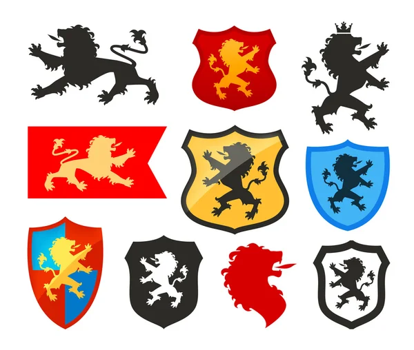 Schild met leeuw, heraldiek vector logo. Wapen van pictogrammen — Stockvector