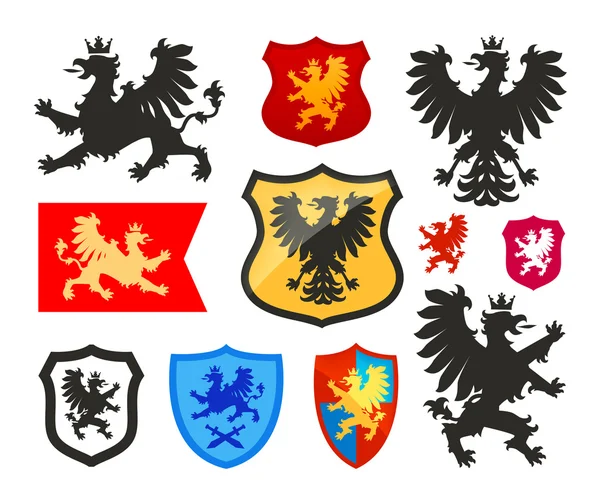 Schild met griffin, gryphon, eagle-vector logo. Wapenschild, heraldiek set pictogrammen — Stockvector