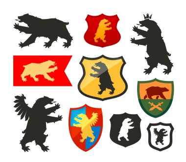 Shield with bear vector logo. Coat of arms, heraldry set icons clipart