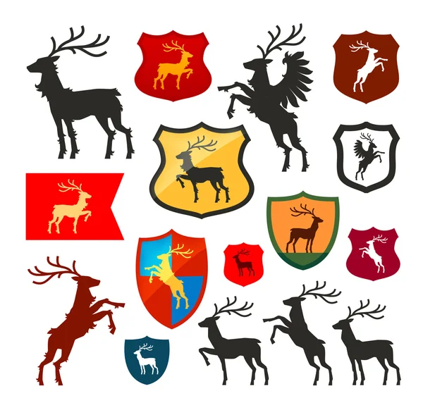 Escudo con ciervos, renos, logotipo del vector ciervo. Escudo de armas, iconos conjunto de heráldica — Archivo Imágenes Vectoriales