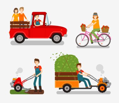 Farm icons set. Cartoon characters such as farmer, truck, bike, tillers, motor cultivator. Vector illustration clipart