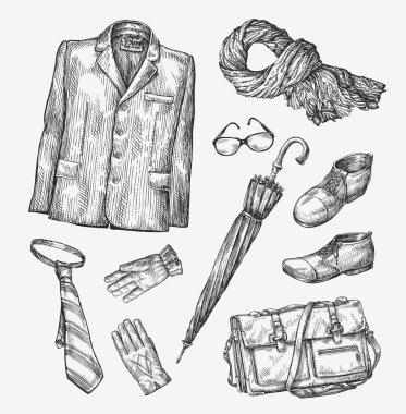 Moda. Vektör erkek giyim koleksiyonu. Çizilmiş kroki şemsiye, kravat, Ayakkabı, gözlük, eldiven, çanta, eşarp, ceket