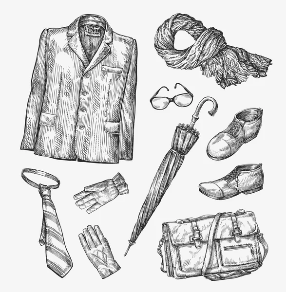 Moda. Colección vectorial de ropa masculina. Paraguas dibujado a mano, corbata, zapatos, gafas, guantes, bolso, bufanda, chaqueta — Archivo Imágenes Vectoriales