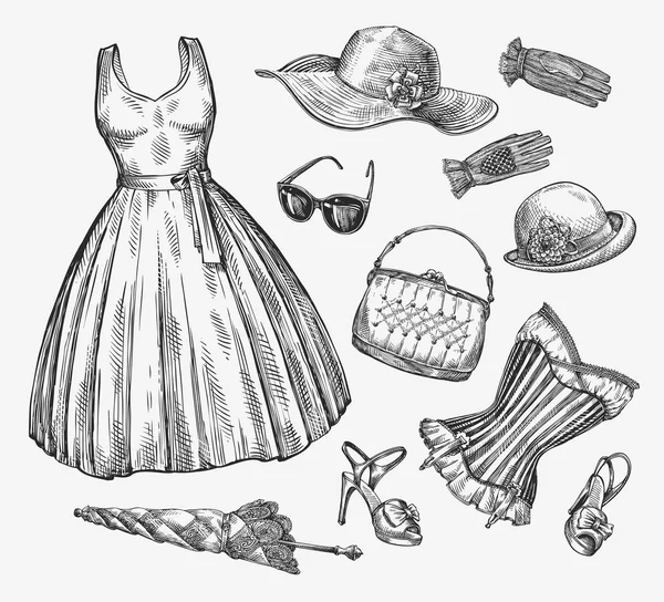 Moda. Collezione vettoriale di abbigliamento donna. Ombrello schizzo disegnato a mano, vestito, occhiali da sole, corsetto, borsa, cappello, guanti, scarpe — Vettoriale Stock