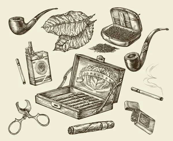 Tütün. Vektör toplama yasaktır. Çizilmiş kroki paket sigara, lignter, İçilmeyen boru, puro, Tütün yaprağı, Sigara kutusu
