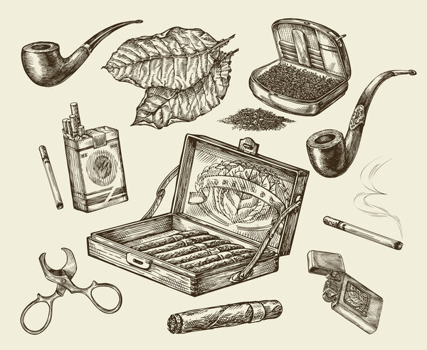 Tobacco. Vector collection smoking. Hand-drawn sketch pack of cigarettes, lignter, smoking pipe, cigar, tobacco leaf, cigarette case