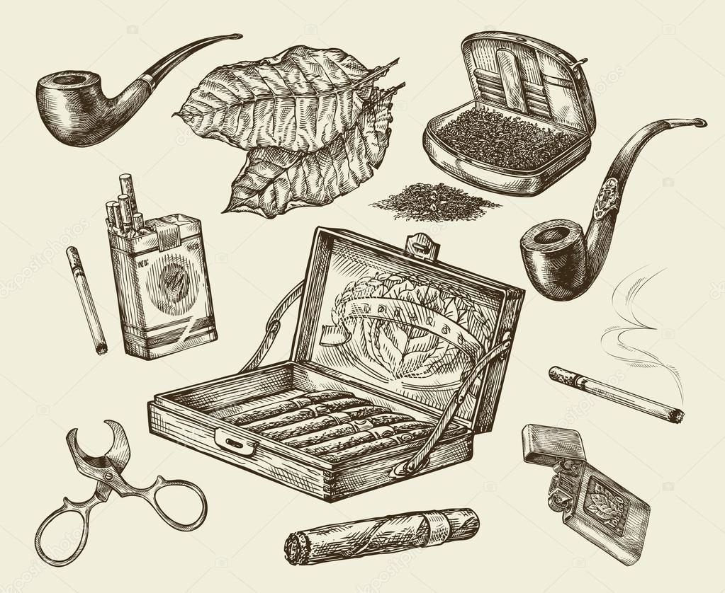 Tobacco. Vector collection smoking. Handdrawn sketch pack of