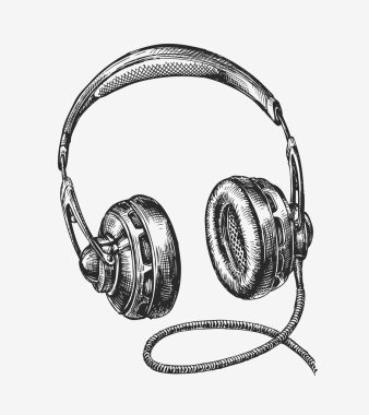 Vintage kulaklık çizilmiş. Müzik kroki. Vektör çizim