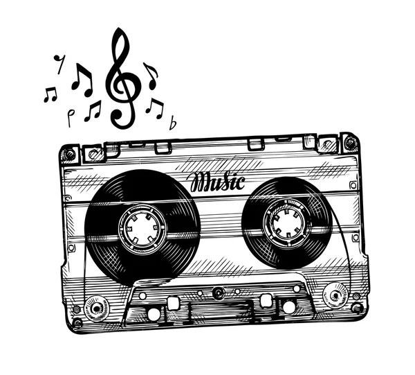 Música de casete dibujada a mano. Boceto de cinta de audio. Ilustración vectorial — Vector de stock