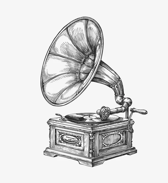 Gramophone vintage dessiné à la main. Croquis de musique. Illustration vectorielle — Image vectorielle