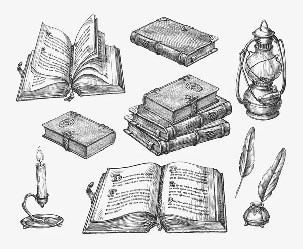 Libros antiguos dibujados a mano. Dibuja literatura de la vieja escuela. Ilustración vectorial — Archivo Imágenes Vectoriales