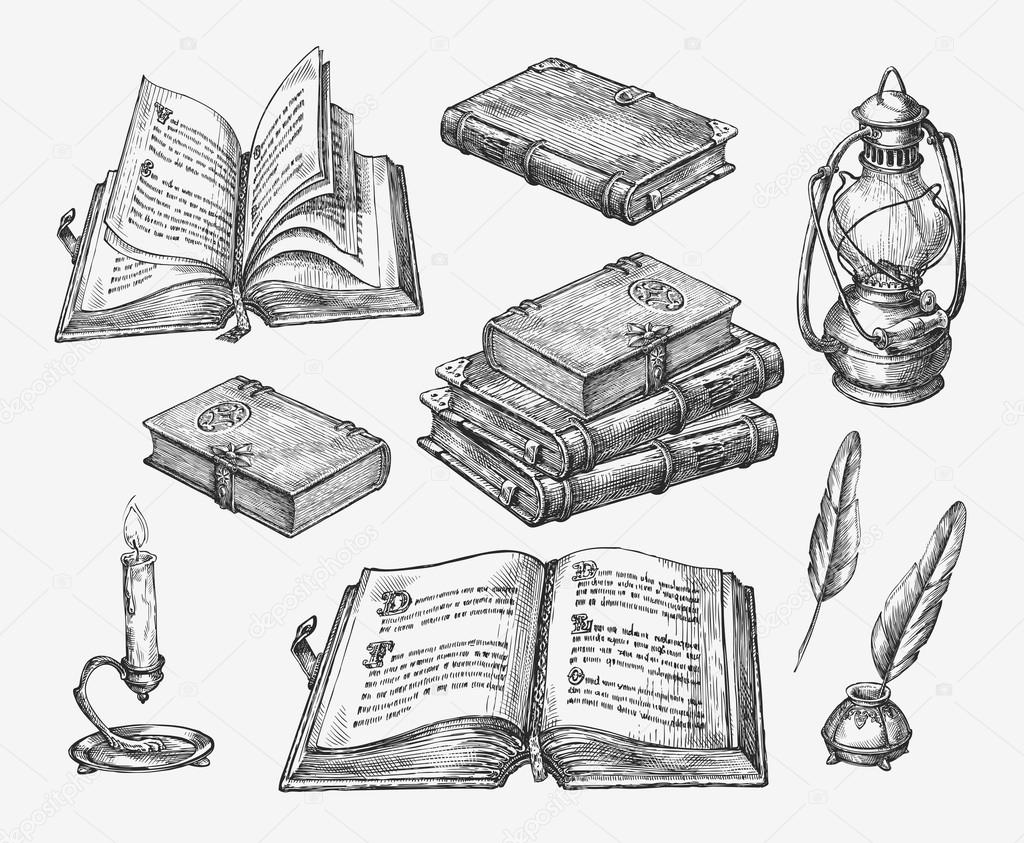 Hand-drawn vintage books. Sketch old school literature. Vector